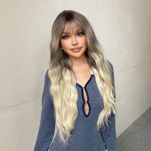 Hannah-DWY for Ombre <b>Bleach</b> Blonde Long Curly Lace Front Wig Heat Resistant Fiber Synthetic Wig Transparent Lace Bangs Loose - Product Image 6