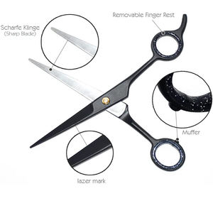 Ciseaux de salon de coiffure en acier inoxydable, couleur noire, lame tranchante droite enduite, ciseaux de salon de beauté avec anneau en caoutchouc fantaisie - Product Image 2