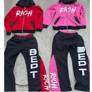 Fabricant personnalisé sérigraphie lettre Logo Streetwear surdimensionné sweat à capuche zippé empilé droit Bagyy Boxy pantalons de survêtement survêtement - Product Image 3