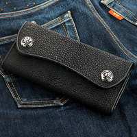 Dompet Kulit Asli Lipat Tiga Model Biker Kulit Sapi Premium Logo Kustom Embos Karakter Rantai Pendek Tahan Air
