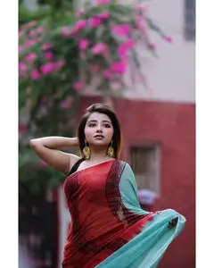 Lino nero e Chiffon doppio colore lino indiano stampa digitale indiano Saree produce per le signore online