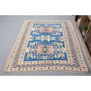 Traditional Blue Beige Patchwork Wool Rug 4.6 X 6.2 ft Vintage <b>Turkish</b> Design Living Room <b>Carpet</b> Latex New for Home Decorations - Product Image 1