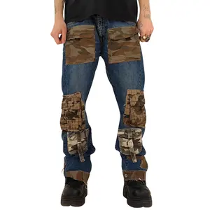 SENSE customized vintage blue mens cargo Camo hybrid pants mens denim baggy jeans