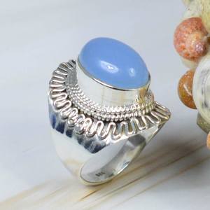 Calcédoine bleu foncé bague Boho forme ovale pierre précieuse à facettes bague épaisse bijoux fins femmes hommes calcédoine naturelle bague en pierre bleue - Product Image 2
