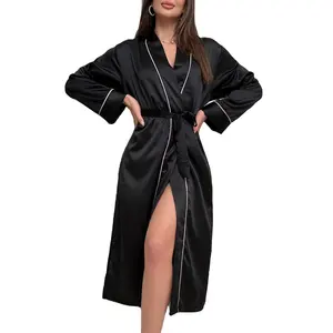 Supplier Thin Fashionable Satin Silk Kimono Style Robe Elegant Bathrobe Nightgown Ladies Night Dress Sleepwear Cardigan Robe