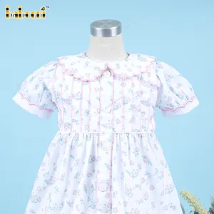 Gaun Polos Putih Leher Merah Muda Floral untuk Anak Perempuan OEM ODM Baju Anak-anak Disesuaikan Buatan Tangan Grosir Produsen-BB3271