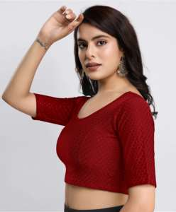 Blusa Casual de Algodón Dobby Elástico para Mujer, Color Granate, Cuello con Lazo, Tejido Liso Teñido, Manga Raglán, Media Manga - Product Image 5