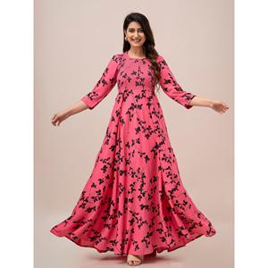 Robe longue tendance rose à imprimé floral avec taille élastiquée smockée, fermeture éclair et décoration drapée, tailles XS-XL pour les journées décontractées - Product Image 1