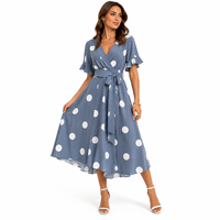 Robe midi élégante OEM pour femme, à pois, col en V, manches courtes, pour vacances, plage, resort, avec ceinture à pois
