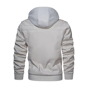 Veste bomber en cuir synthétique PU décontractée pour homme avec capuche amovible, coupe ajustée, col montant, veste de motard en cuir d'agneau véritable - Product Image 2