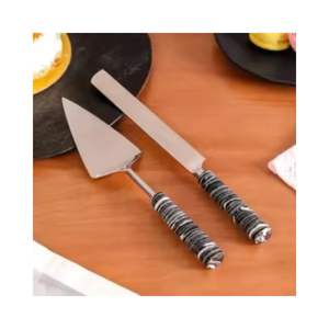 Ensemble de serveur de gâteau de qualité supérieure avec manche en marbre Couteau à dessert en acier inoxydable poli Outils de cuisine pour gâteaux et desserts - Product Image 1