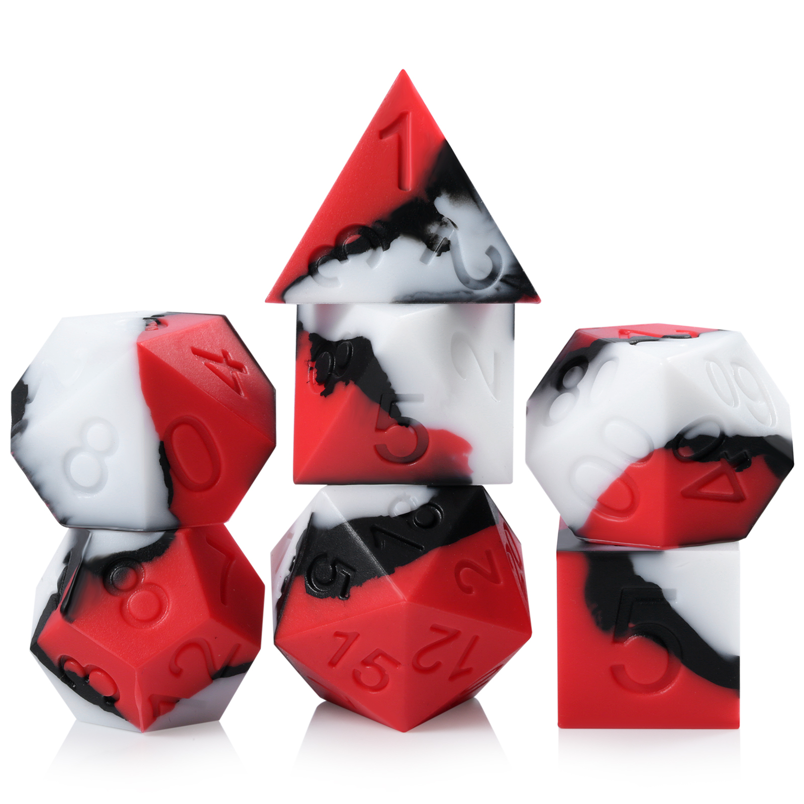 Lot De 7 Dés D&D En Silicone – D4, D6, D8, D10, D12, D20 Et D% – étui Plastique – Rouge/noir/blanc – Jeux De Rôle