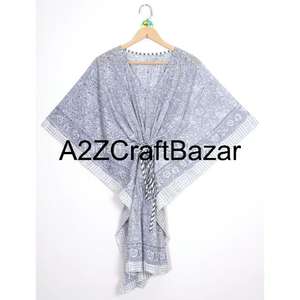 Robe kaftan mi-longue bohème sexy en coton 100% fait main, imprimé floral, col en V, manches courtes, silhouette moulante, volants, pompons - Product Image 6