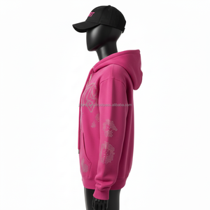 เสื้อฮู้ดซิปผู้หญิง ผ้าฟลีซนุ่ม 320GSM หลายสี ประดับคริสตัลติดด้วยความร้อน โลโก้แบบกำหนดเอง สไตล์สปอร์ต เสื้อฮู้ดซิปพื้นฐาน - Product Image 3