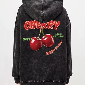 Sudadera con capucha de lavado ácido para mujer Sweet Cherry 100% algodón cuello redondo estampado fresco ropa de calle bolsillo de gran tamaño suéter cálido transpirable - Product Image 1