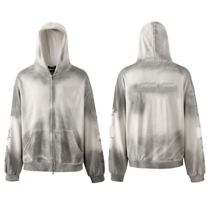 Peso pesado de gran tamaño rasgado streetwear hombres sudaderas con capucha personalizadas sol se desvaneció desgastado hecho a mano fabricante lavado ácido zip up sudaderas con capucha - Product Image 1