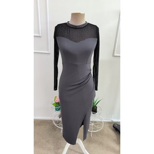 Vestido midi de crepé con cuello redondo y manga larga para mujer, con detalles de tul y pedrería, 37338 - Gris - Product Image 4