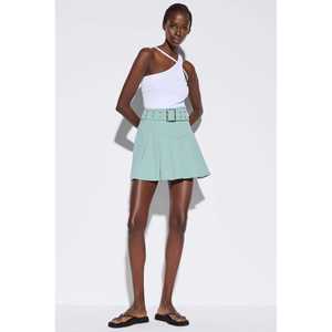 Jupe à volants vintage avec ceinture, tissage non tissé, design plissé, matière en cuir spandex, style décontracté, imprimé uni, décoration ajustée - Product Image 1