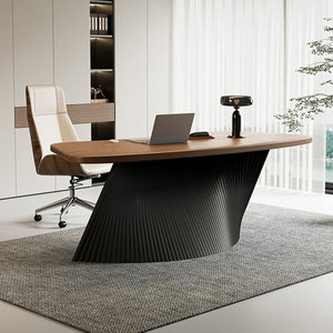 Curved <b>Solid</b> <b>Wood</b> Office <b>Desk</b> with Metal Frame Nut Brown Finish Spacious Work Surface for Executive Home Study - Product Image 2