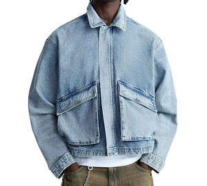 Chaqueta vaquera de hombre OEM personalizada con efecto desgastado, algodón vaquero japonés, cuello alto, logo frontal, estilo oversize vintage lavado - Product Image 1