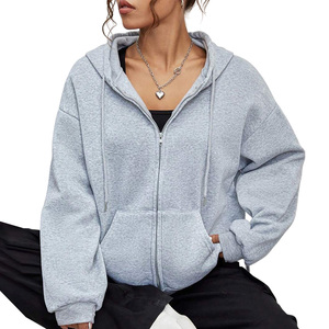 Sweats à capuche à épaules tombantes pour femmes avec logo personnalisé fermeture éclair surdimensionnée parfaite pour les vêtements de rue quotidiens décontractés et de remise en forme - Product Image 1