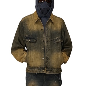 แจ็คเก็ตยีนส์ผู้ชายทรงดรอปโชว์เดอร์ สไตล์วินเทจ ย้อมสีแบบดิสเทรส ล้างสีแบบมัดย้อม ดีไซน์เนอร์ แต่งซิปสองชั้น โลโก้สั่งทำพิเศษ สไตล์ Y2K - Product Image 5