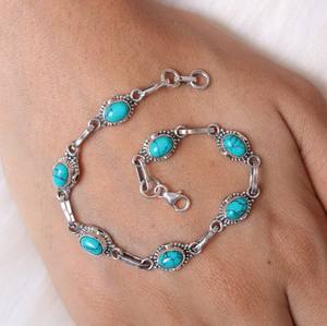 Genuino azul turquesa forma ovalada bisel ajuste sólido 925 plata esterlina Vintage Baho pulsera hecha a mano para mujer joyería fina - Product Image 3