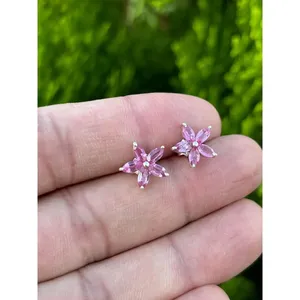 Natural Pink Sapphire Floral <b>Stud</b> <b>Earrings</b> 925 Sterling Silver Handmade Fine Gemstone Jewelry Wholesale Supplier - Product Image 4