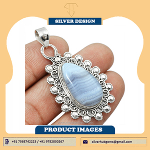 Pendentif pour femme en argent sterling 925 avec pierre précieuse naturelle Agate Bleue Dentelle, design ethnique filigrané, bijoux OEM ODM, vente en gros indienne - Product Image 5