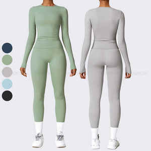 Conjunto de Yoga de dos piezas personalizado para mujeres, ropa deportiva transpirable OEM con leggings y tela elástica flexible superior para gimnasio o pilates - Product Image 4
