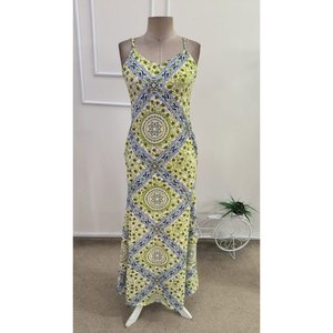 Women's <b>Spaghetti</b> Strap V-Neck Patterned Supima <b>Long</b> Dress, 34589 - Green - Product Image 4