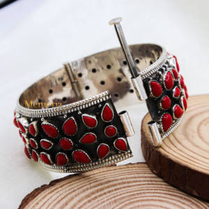 925 Sterling <b>Silver</b> Natural Red Coral Gemstone <b>Bracelet</b> <b>Silver</b> Kada Oxidized Bangle Jewelry for Wholesale - Product Image 3