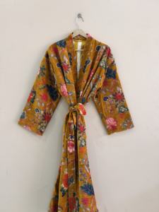Velvet <b>Kimono</b> <b>Robe</b> For Women Handmade Cotton Velvet <b>Long</b> Dressing Gown Lounge Wear Jacket - Product Image 5