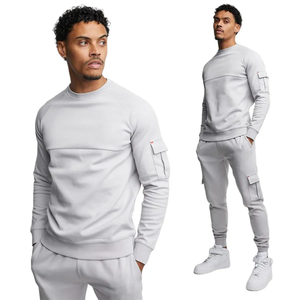 Ensemble de survêtement unisexe à capuche avec poche cargo, logo brodé, sweat-shirt et pantalon de jogging, tenue décontractée de sport, gris clair, noir - Product Image 5