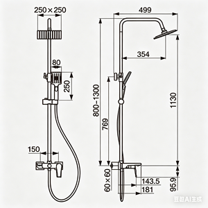 Set <span class=keywords><strong>Doccia</strong></span> Moderno a Parete in Ottone Massiccio Lucido con Miscelatore Monocomando Caldo/Freddo, Getto a Pioggia e Barra Scorrevole, 3 Fori in Ceramica - Product Image 4