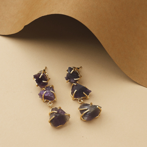 Handcrafted Trendy <b>Raw</b> <b>Amethyst</b> Stone Tassel Drop Earrings Brass Gold Finish Party Jewelry - Product Image 1