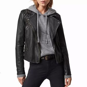 เสื้อแจ็กเก็ตหนังแกะแท้สำหรับผู้หญิงเสื้อแจ็กเก็ตขี่มอเตอร์ไซค์หนังแท้พิมพ์ลายผ้าถัก - Product Image 1