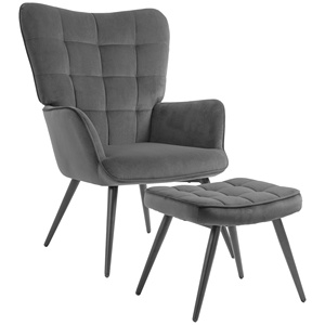 HOMCOM Upholstered <b>Armchair</b> with Armrests and Integrated Footrest in Dark <b>Grey</b> <b>Velvet</b> Effect Fabric - Product Image 1