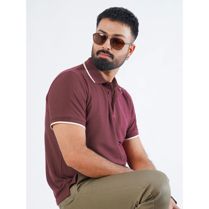 Men's Solid Color Short Sleeve Polo <b>Shirt</b> Cotton Knitted Casual Wear Maroon with White Trim Collar and Cuffs - Product Image 6