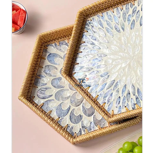 Venta caliente rectángulo de gama alta madre perla bandeja de servicio de ratán MOP bandeja de laca con incrustaciones para el hogar o restaurante - Product Image 6