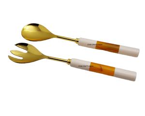 Atractivo Acero inoxidable chapado en oro con resina y mango de madera Servidor plano de mezcla y cocina de ensalada de acero inoxidable - Product Image 1