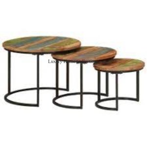 Lot de 3 meubles de salon au look royal table gigogne avec cadre enduit de poudre de couleur noire et dessus de forme ronde en bois - Product Image 1
