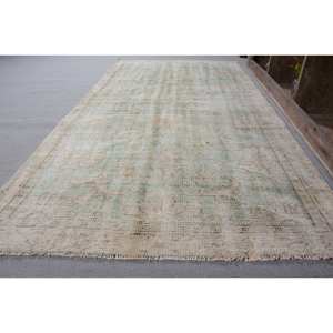 Vintage Turkish Rug Beige Green 4.1 X 7.4ft Handmade Wool Large Area Patchwork Design Rectangular Hallway Latex for Room Decor - Product Image 2