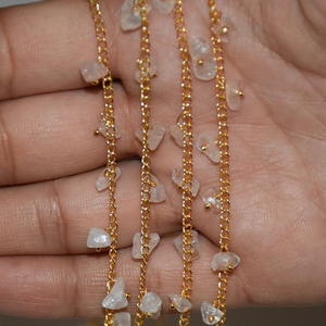 Light Pink Rose Quartz Dangling Uncut Chips Beads Rosary chain. Gold plated Cluster dangling Beaded Chain for Jewelry Making - Product Image 2