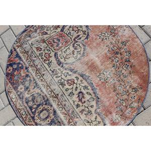 3.1x3 ft Turkish Rug, Vintage Round Rug, <b>Red</b> Blue Solid <b>Wool</b> Rug - Product Image 5