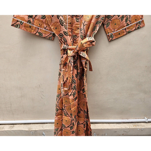 Kimono Elegante de Algodón con Estampado Floral Hecho a Mano para Mujer, Cuello en V, Manga Corta, Hermosa Túnica de Verano para Dormir - Product Image 5