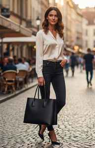 Black Leather <b>Tote</b> <b>Bag</b> Women Large Luxury <b>Work</b> Handbag Cotton Lining Structured Shoulder Purse Minimalist Fashion Two Zip - Product Image 2