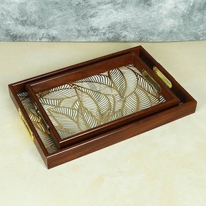 Mango/Acacia Wood Rectangle Tray Printed Enamel with Gold Plated Metal Handles Vintage <b>Fancy</b> New Hot Design Wooden Trays - Product Image 4