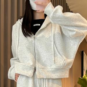 Sudadera con capucha de manga larga de estilo coreano para mujer con cremalleras dobles Chaqueta deportiva suelta de color sólido para invierno - Product Image 5