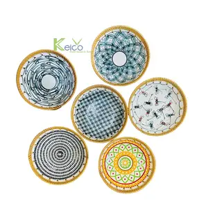 Natural eco-friendly round rattan dessert fruit plates and dishes with ceramic customized pattern handmade round plates decor